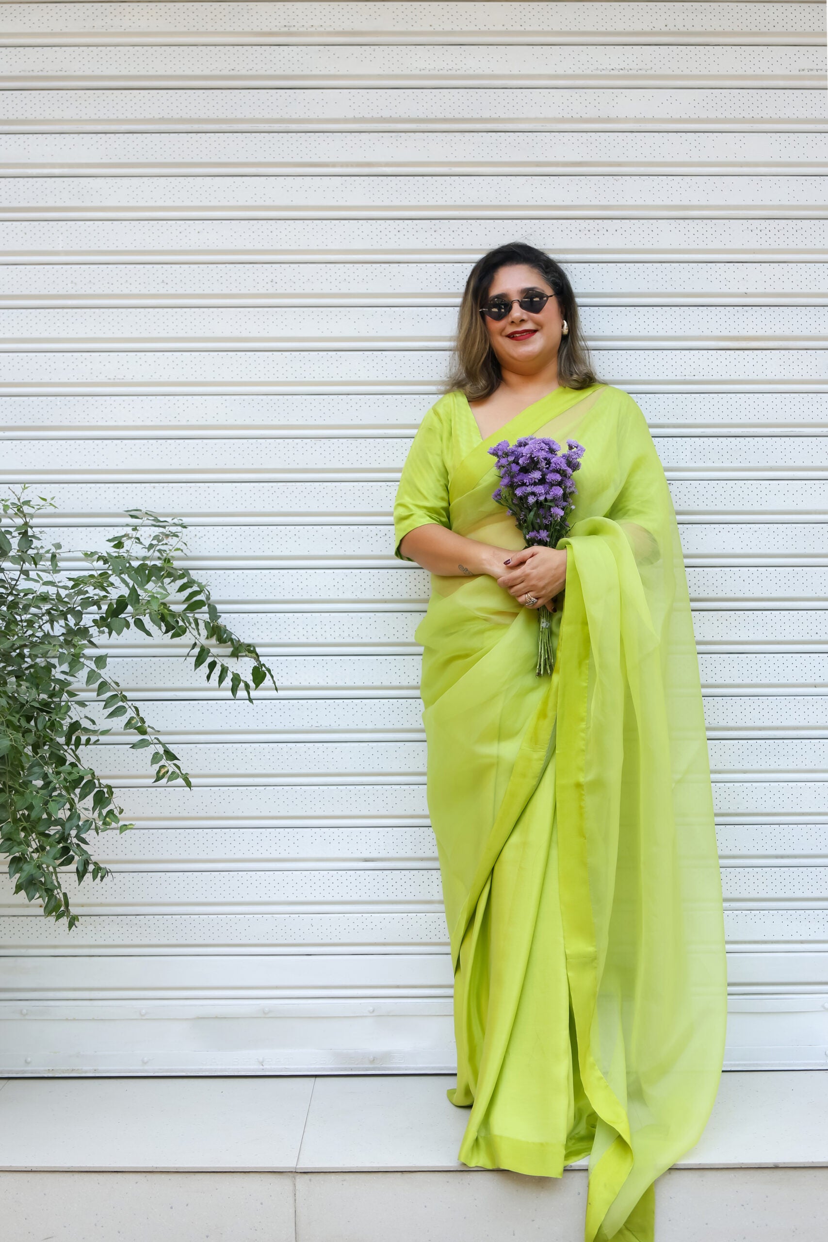 Neon Green Half & Half Saree