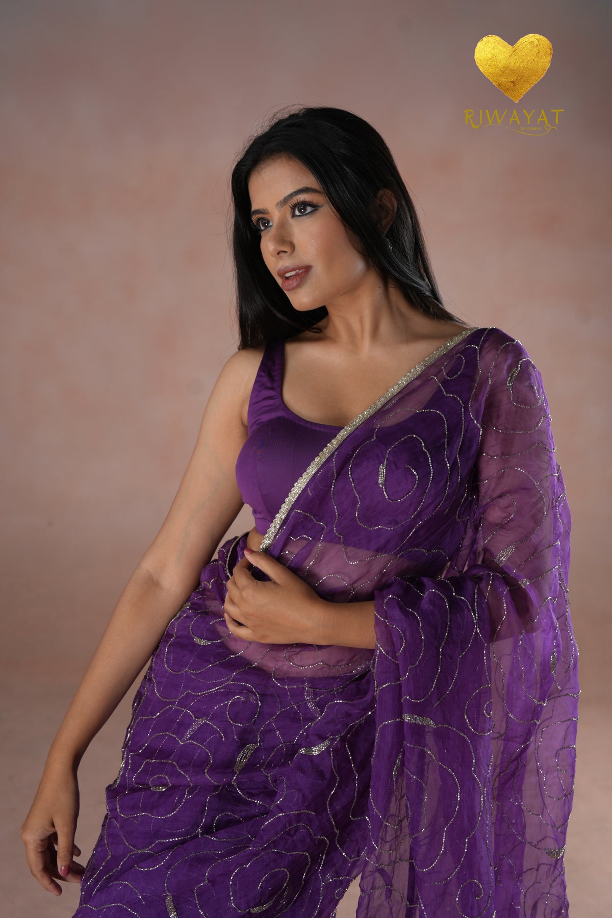 Organza Saree with Floral Swirl Embroidery