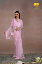 Baby Pink Kashmiri Leaf & Motif Embroidered Organza Saree