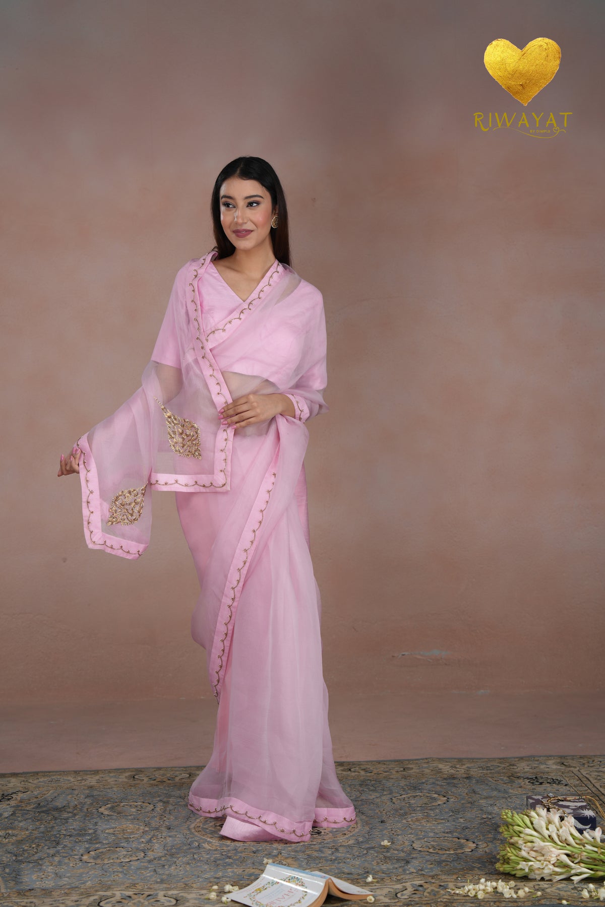 Baby Pink Kashmiri Leaf & Motif Embroidered Organza Saree