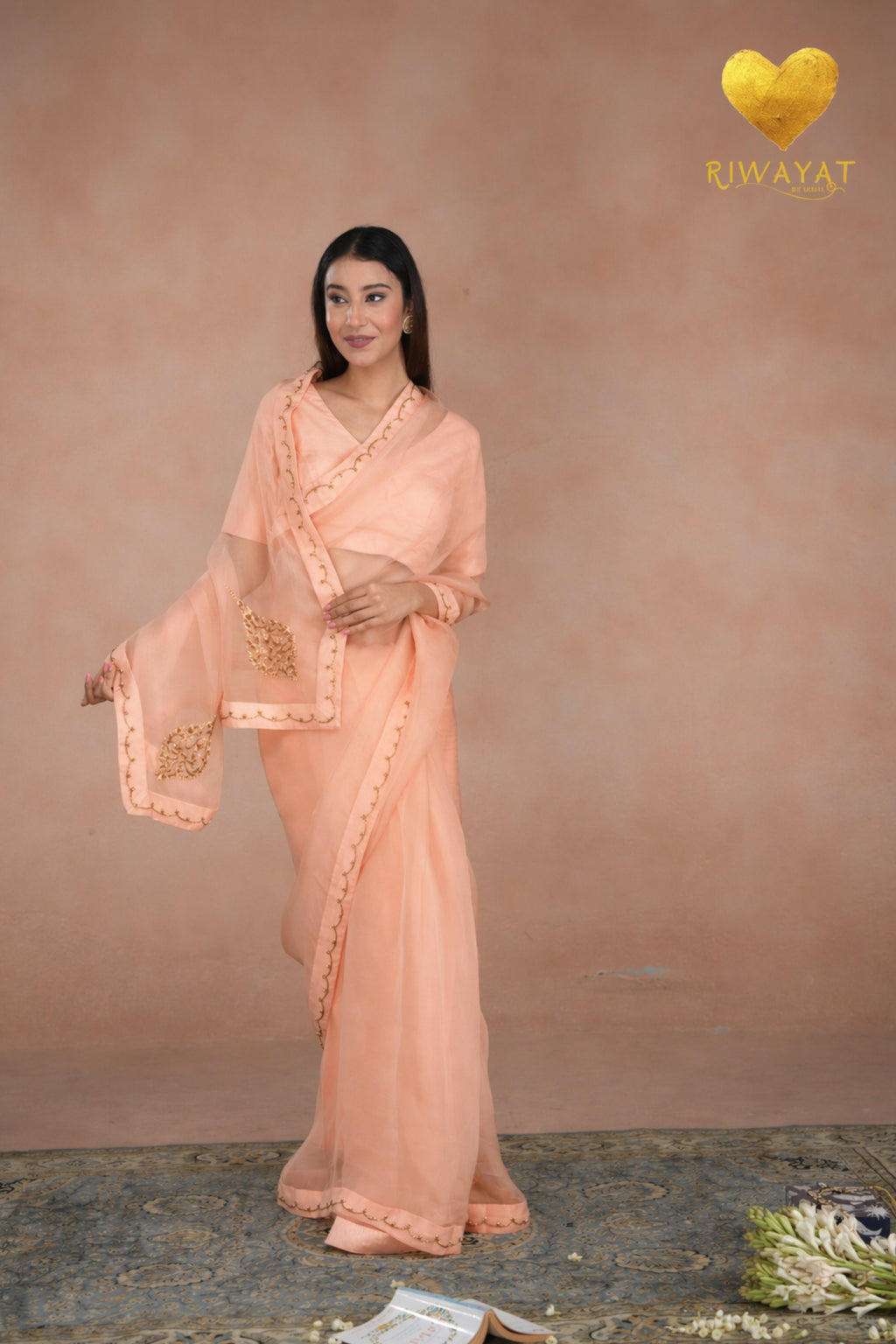 Pastel Peach Kashmiri Leaf & Motif Embroidered Organza Saree