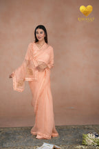 Pastel Peach Kashmiri Leaf & Motif Embroidered Organza Saree