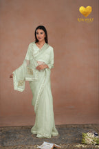 Pastel Green Kashmiri Leaf & Motif Embroidered Organza Saree