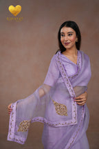 Lilac Kashmiri Leaf & Motif Embroidered Organza Saree