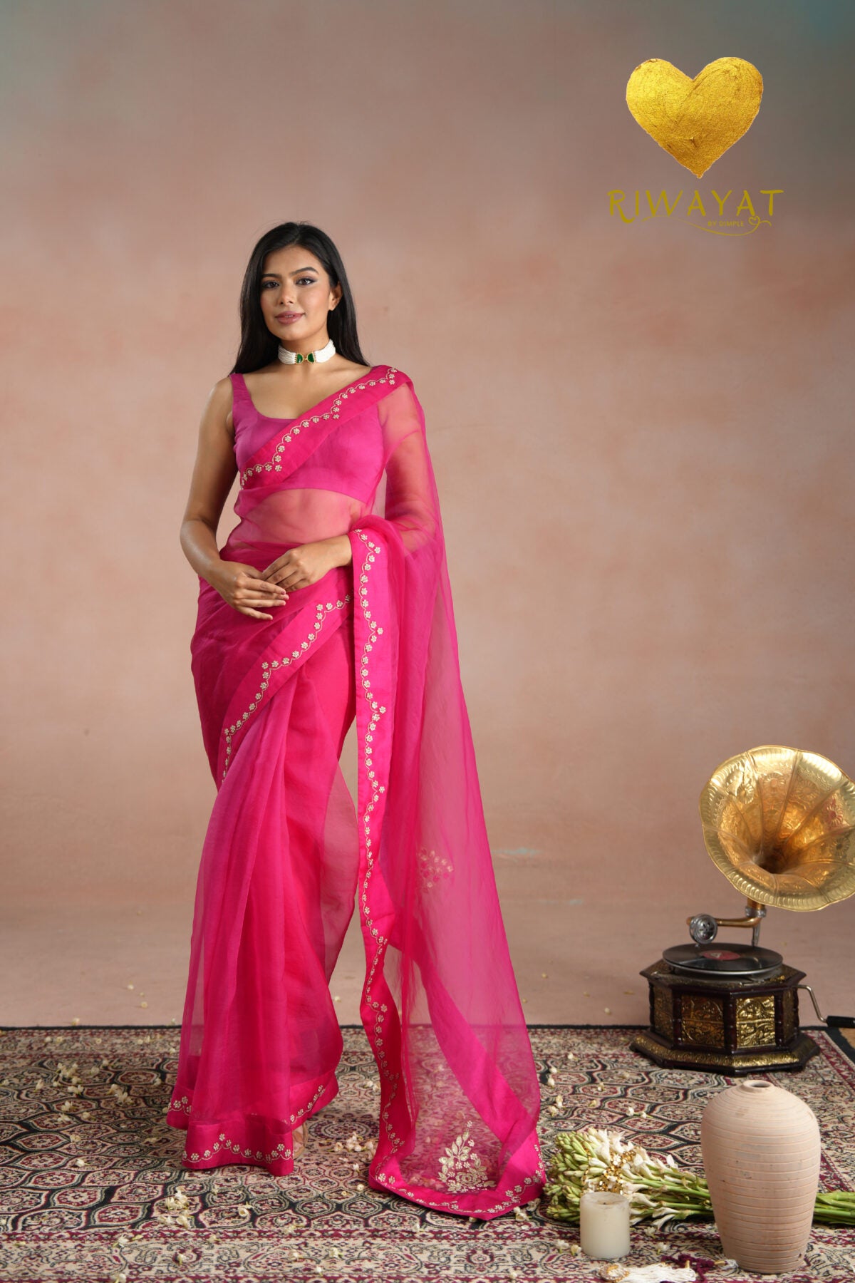 Rani Pink Zari Moti Embroidered Organza Saree