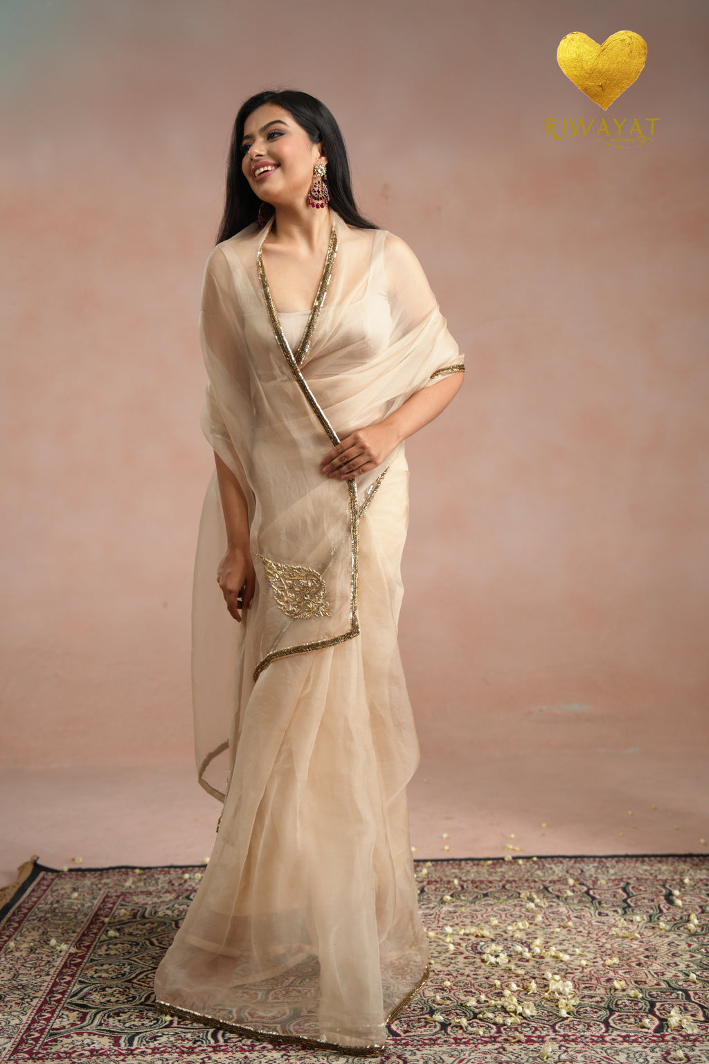 Ivory Organza Saree With Golden Brown Cutdana Kashmiri Leaf Hand Embroidery