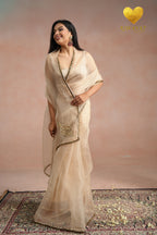 Ivory Organza Saree With Golden Brown Cutdana Kashmiri Leaf Hand Embroidery