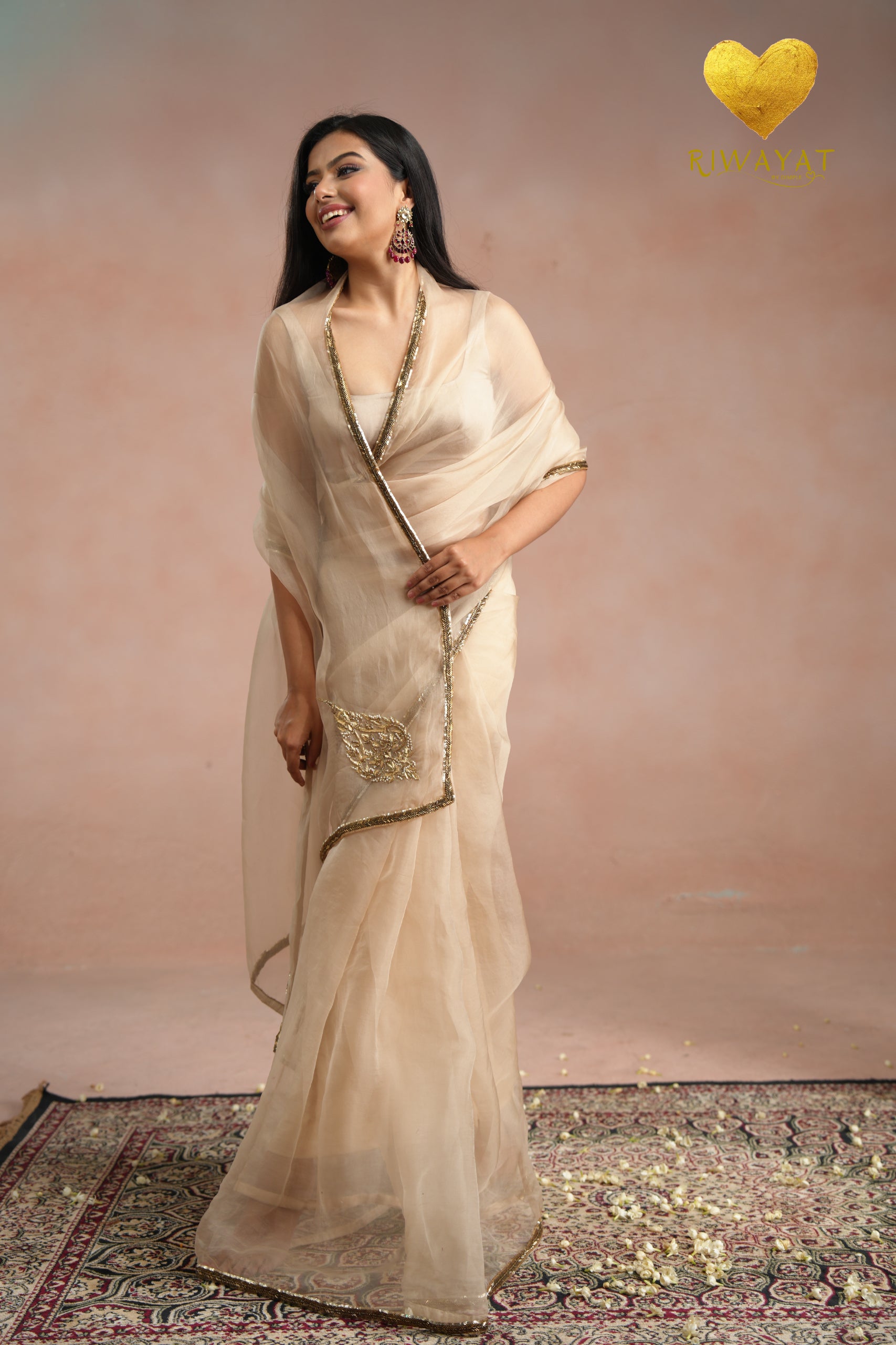 Ivory Organza Saree With Golden Brown Cutdana Kashmiri Leaf Hand Embroidery