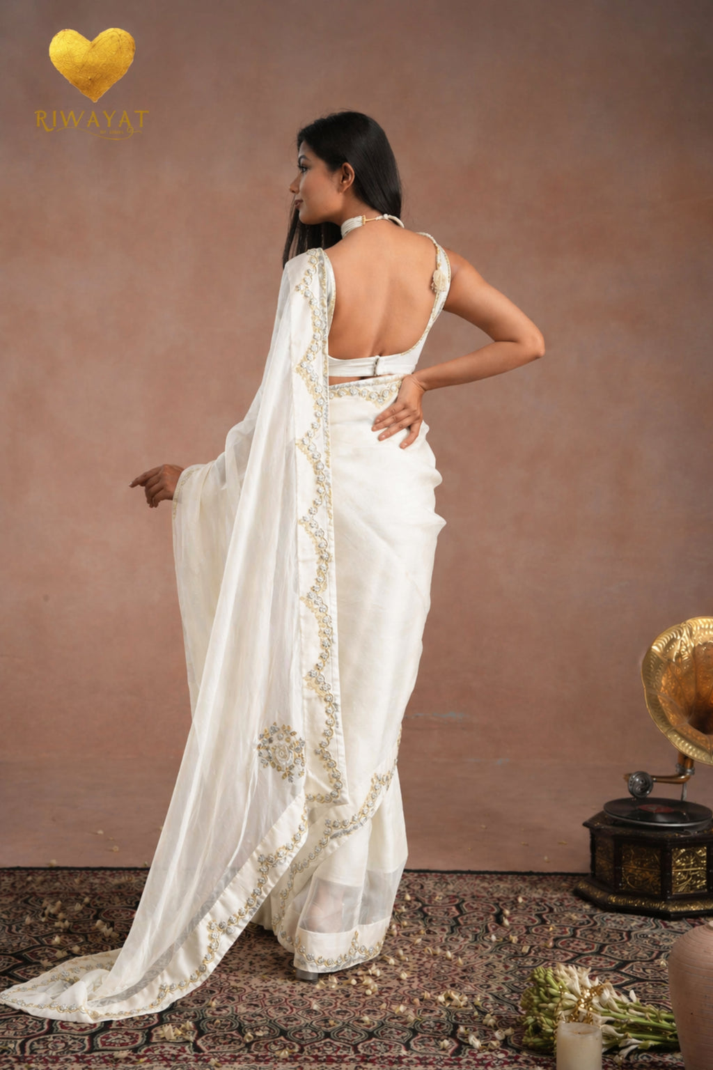 Pearl White Zari Moti Embroidered Organza Saree