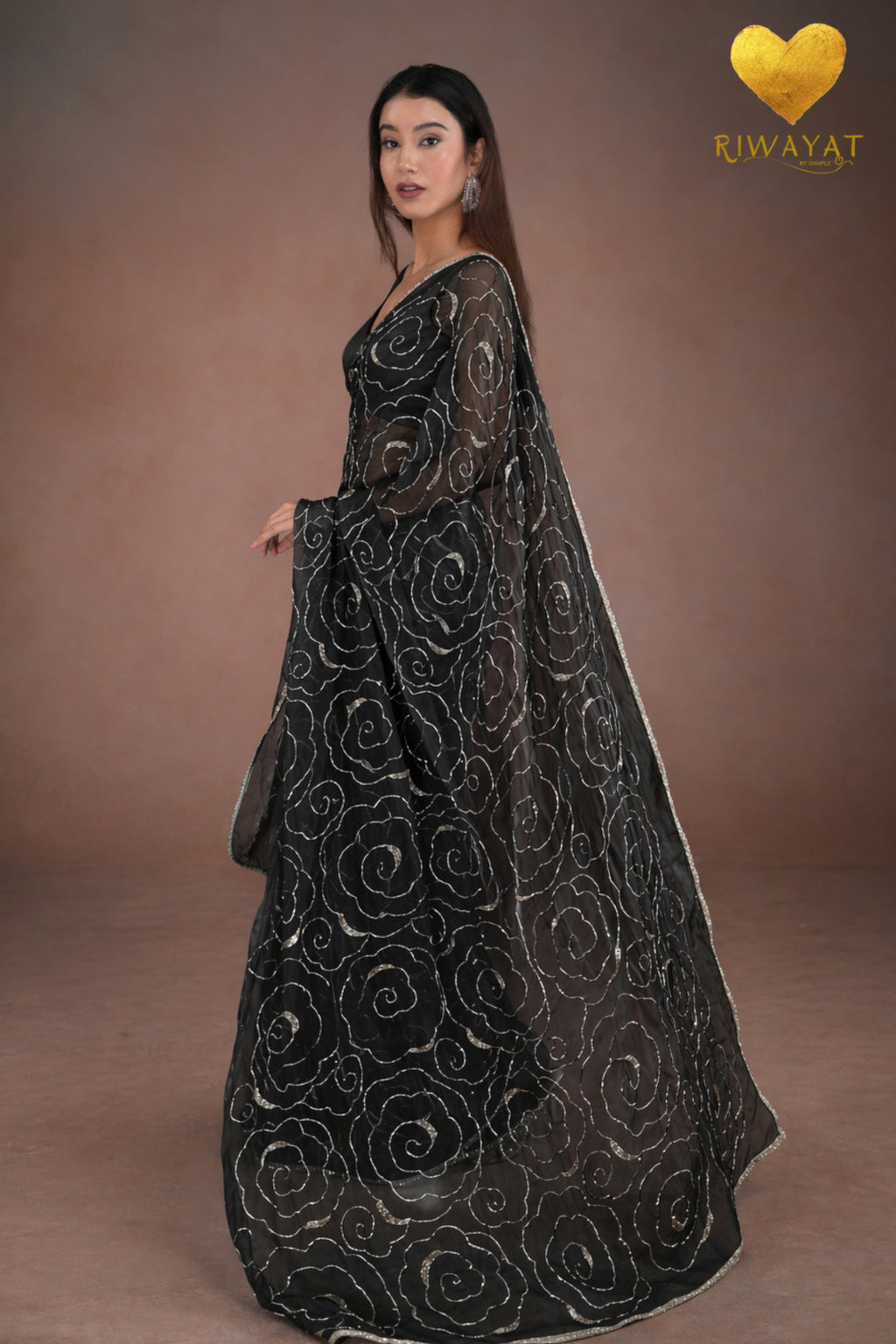 Black Organza Saree with Floral Swirl Embroidery