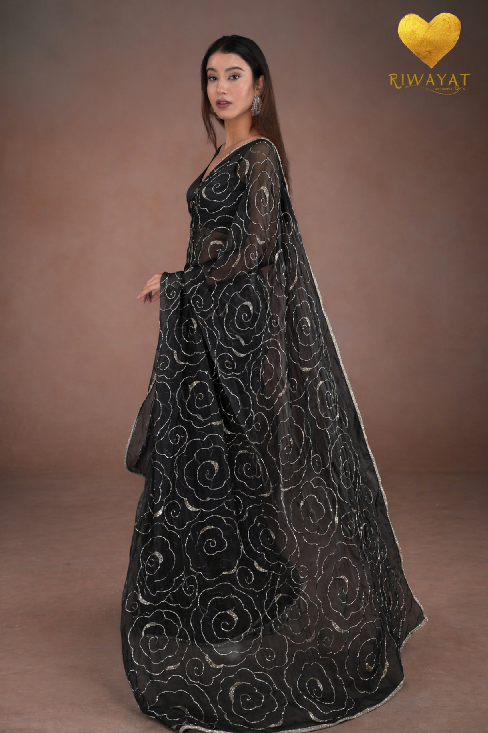 Black Organza Saree with Floral Swirl Embroidery