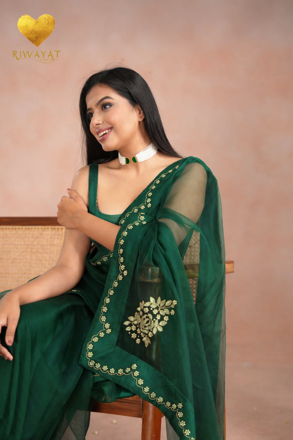 Emerald Green Zari Moti Embroidered Organza Saree