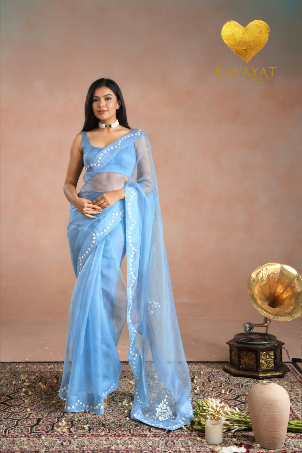 Baby Blue Zari Moti Embroidered Organza Saree