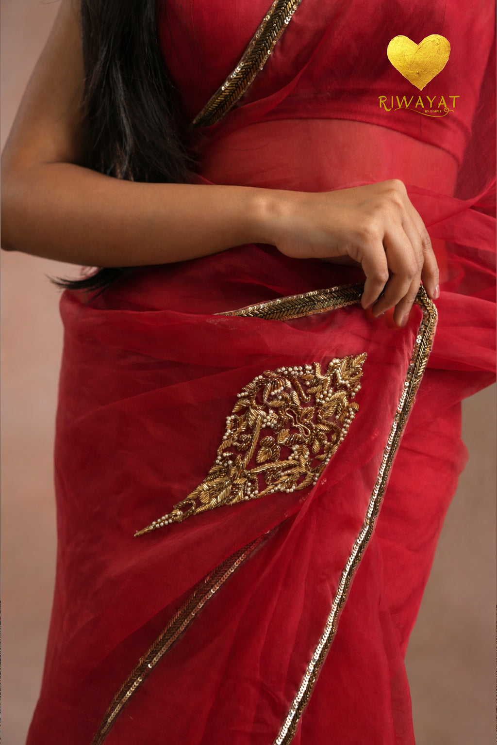 Deep Red Organza Saree With Golden Brown Cutdana Kashmiri Leaf Hand Embroidery
