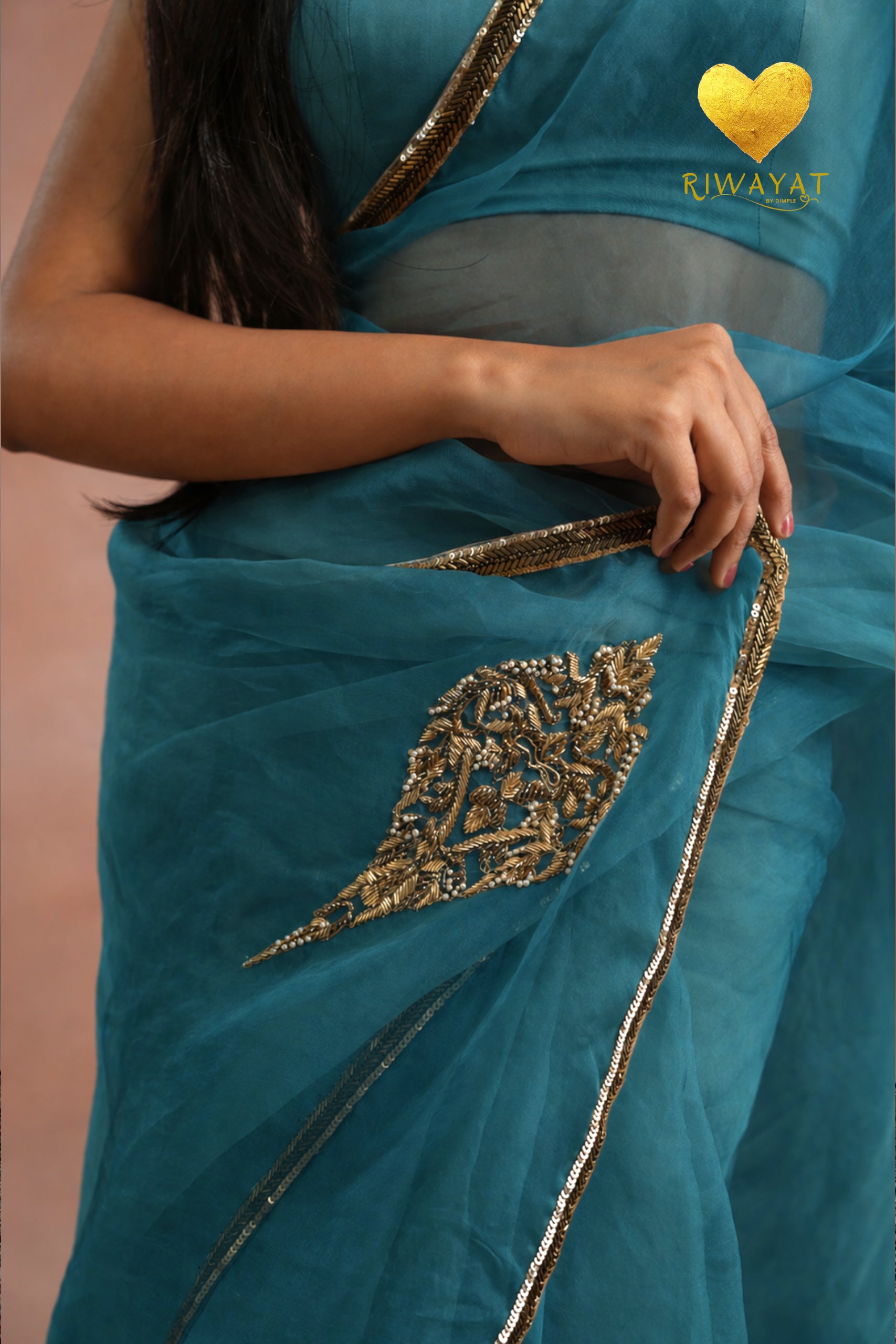 Teal Organza Saree With Golden Brown Cutdana Kashmiri Leaf Hand Embroidery