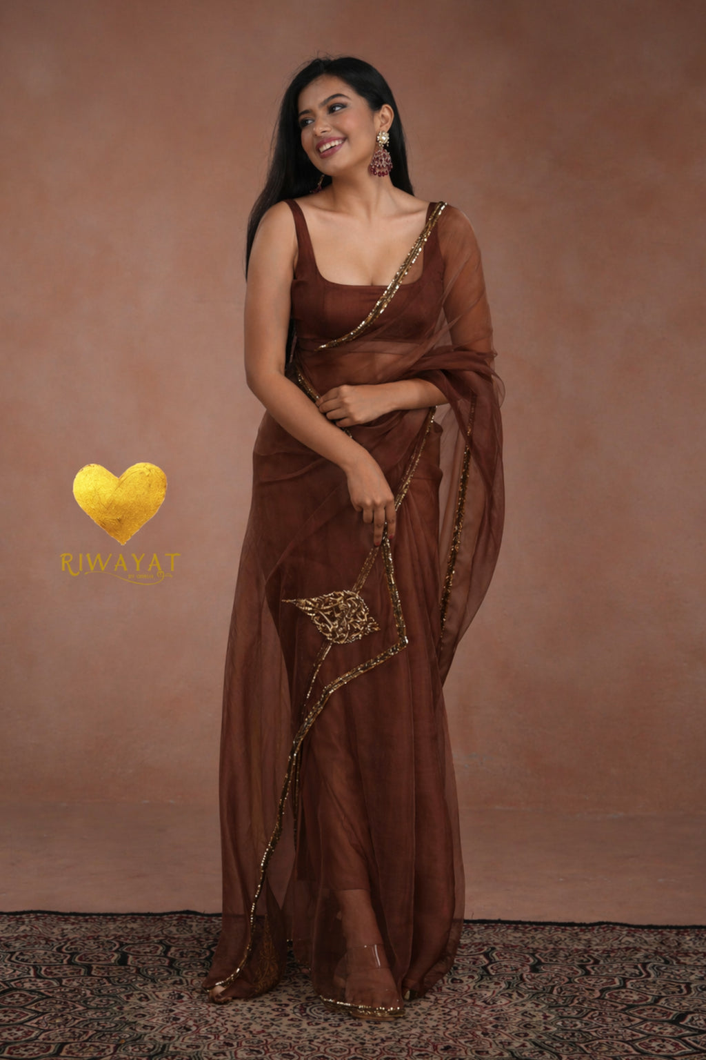 Coke Organza Saree With Golden Brown Cutdana Kashmiri Leaf Hand Embroidery