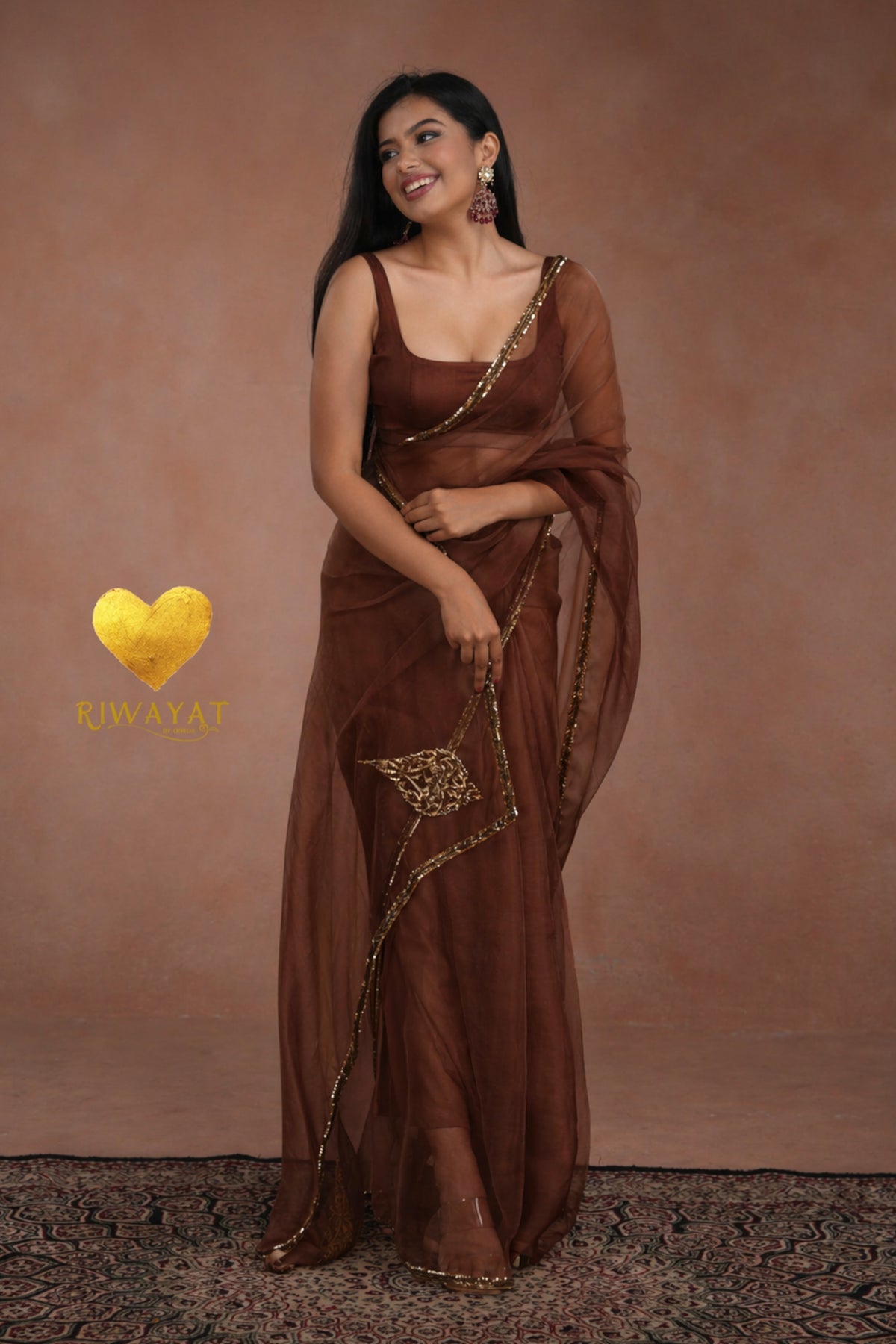 Coke Organza Saree With Golden Brown Cutdana Kashmiri Leaf Hand Embroidery