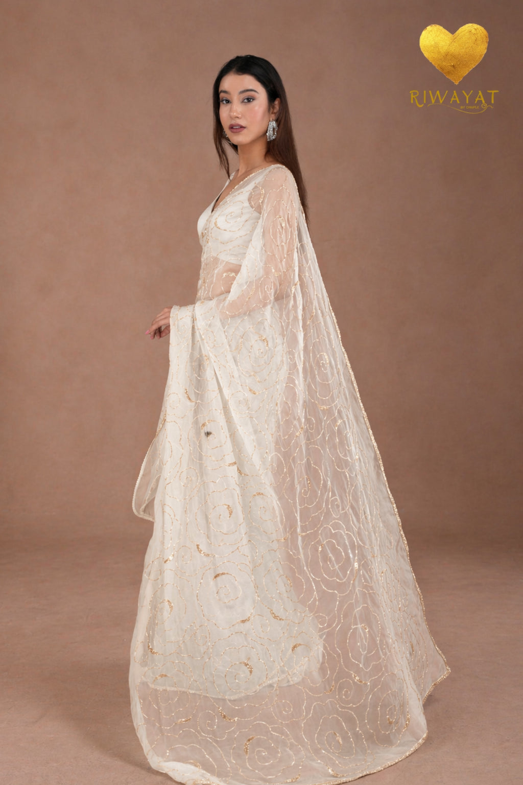 Ice White Organza Saree with Floral Swirl Embroidery