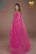 Deep Pink Organza Saree with Floral Swirl Embroidery
