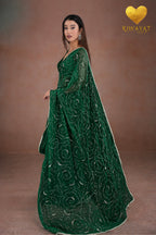 Emerald Green Organza Saree with Floral Swirl Embroidery