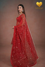 Scarlet Red Organza Saree with Floral Swirl Embroidery