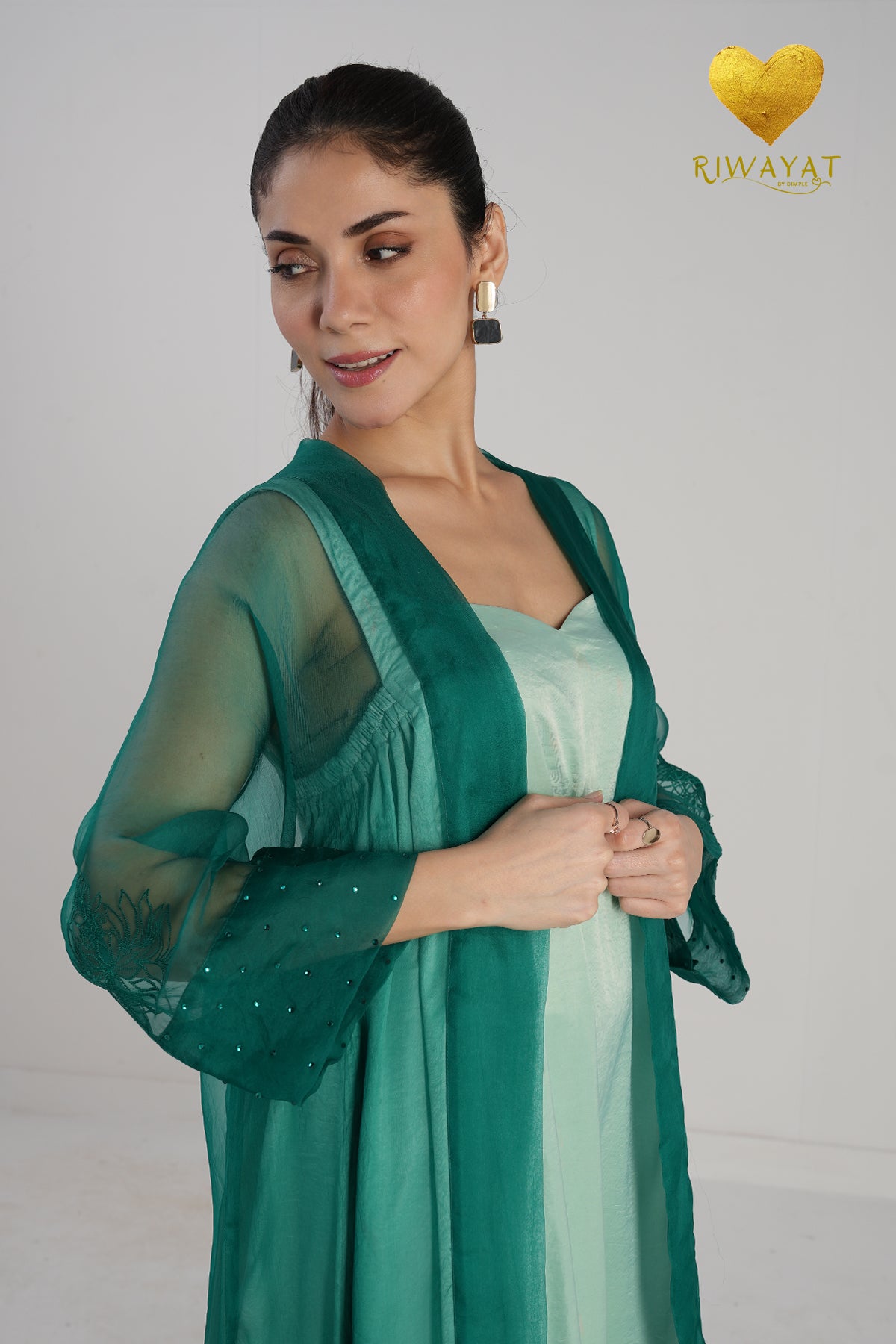 Yalla Habibi Mint Green Dress with Teal Sheer Jacket