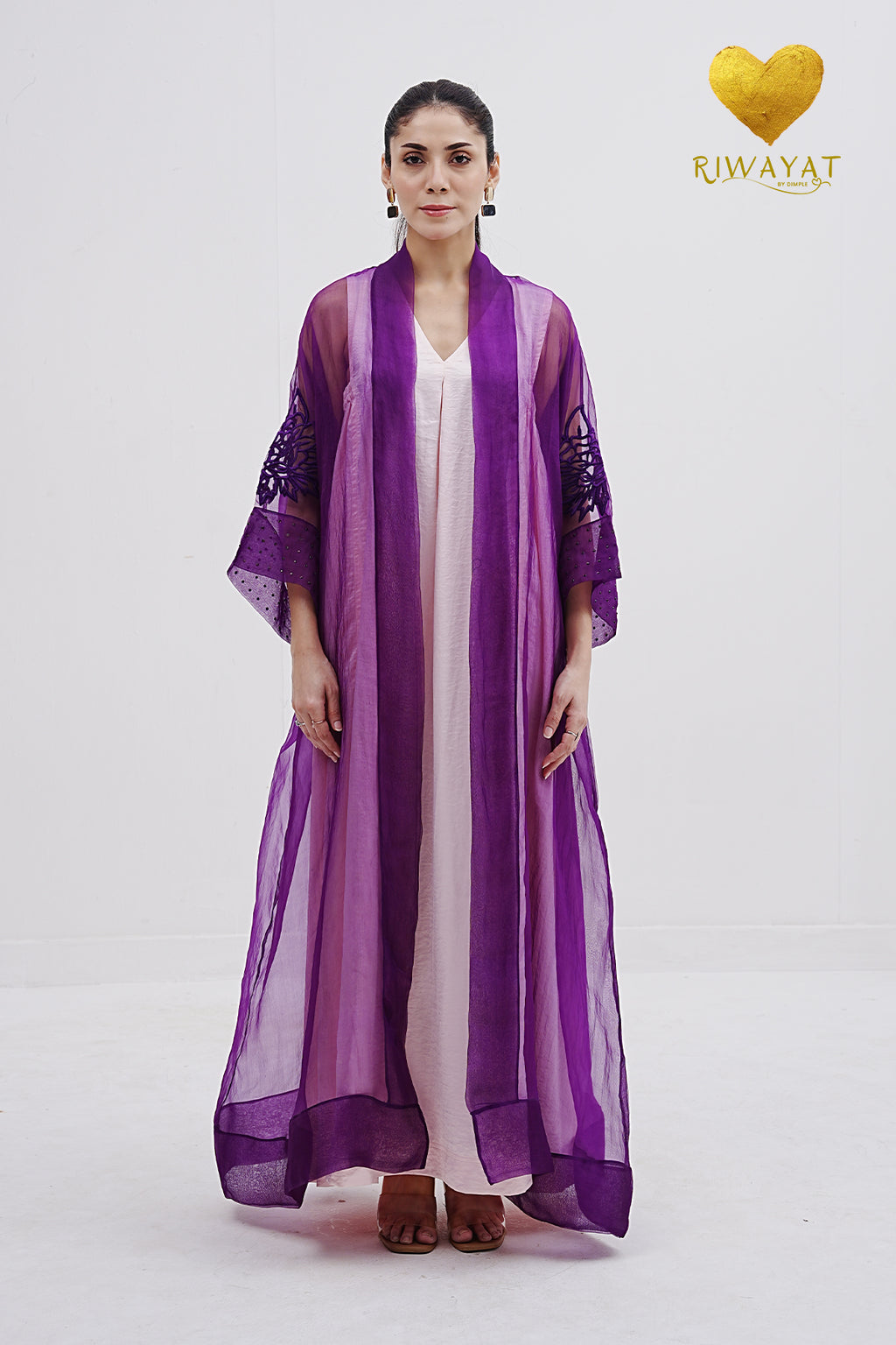 Yalla Habibi Ivory Dress with Purple Sheer Jacket