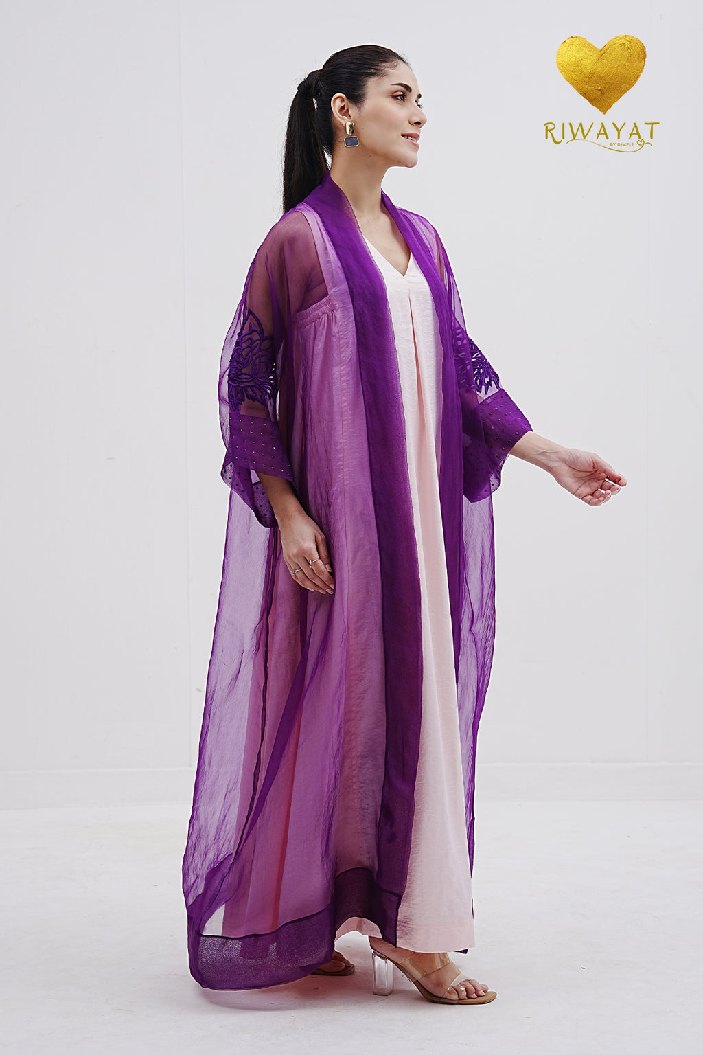 Yalla Habibi Ivory Dress with Purple Sheer Jacket