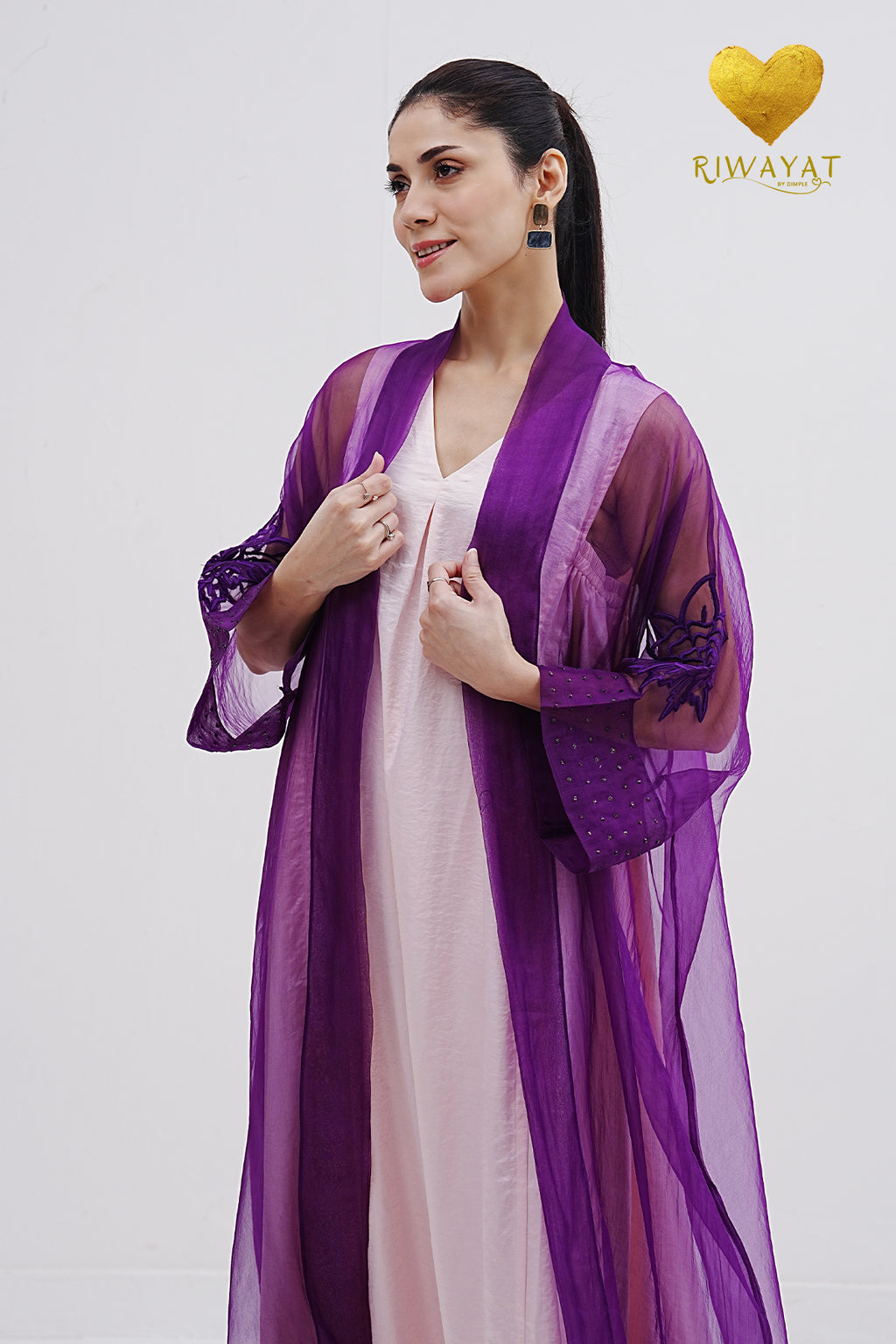 Yalla Habibi Ivory Dress with Purple Sheer Jacket