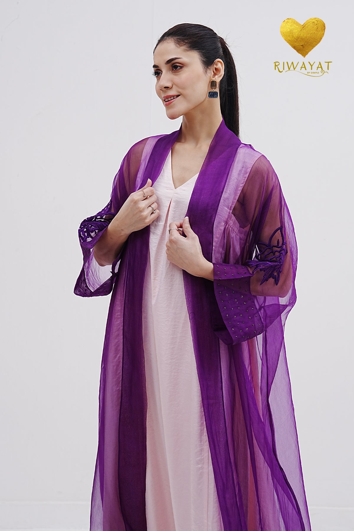 Yalla Habibi Ivory Dress with Purple Sheer Jacket