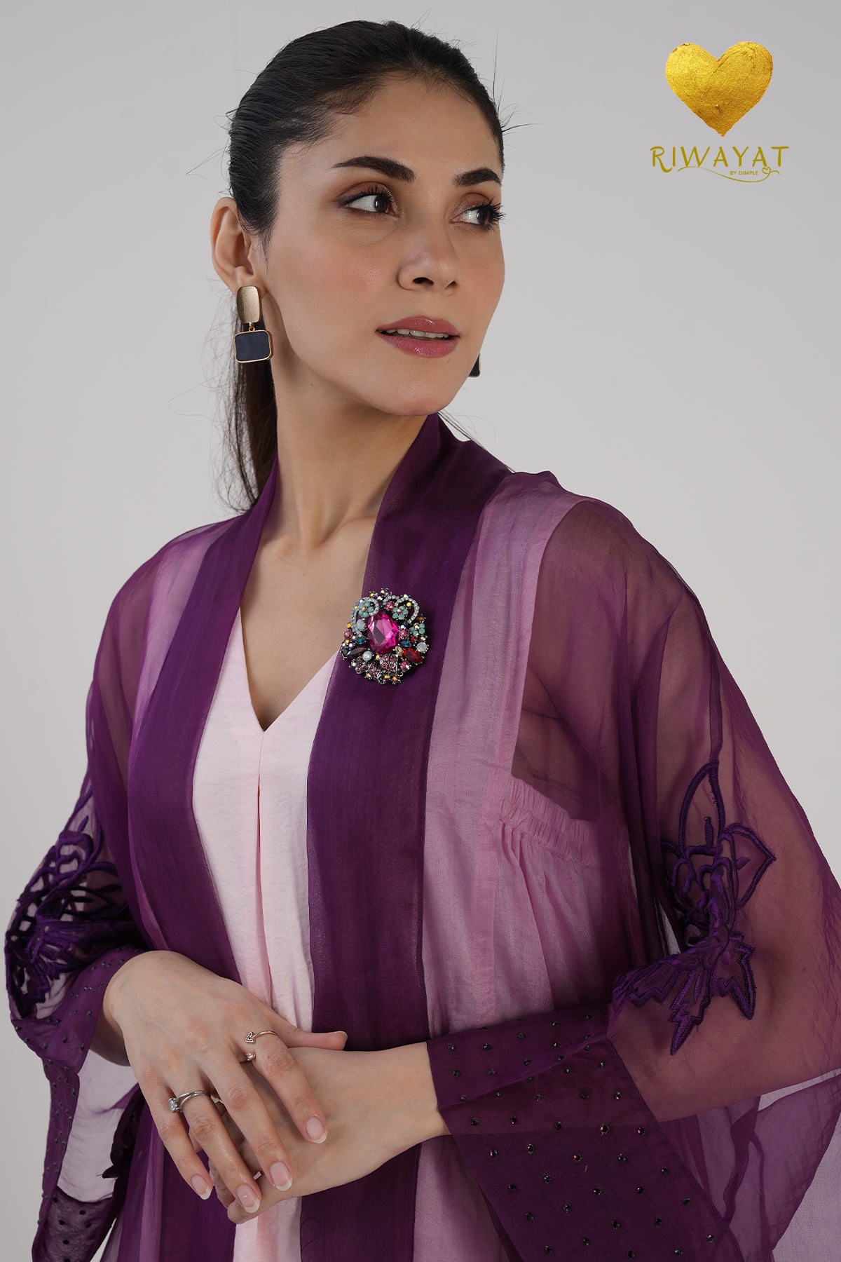 Yalla Habibi Ivory Dress with Purple Sheer Jacket