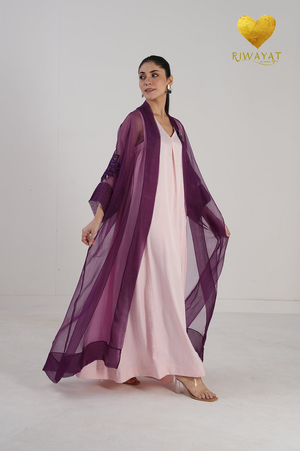 Yalla Habibi Ivory Dress with Purple Sheer Jacket