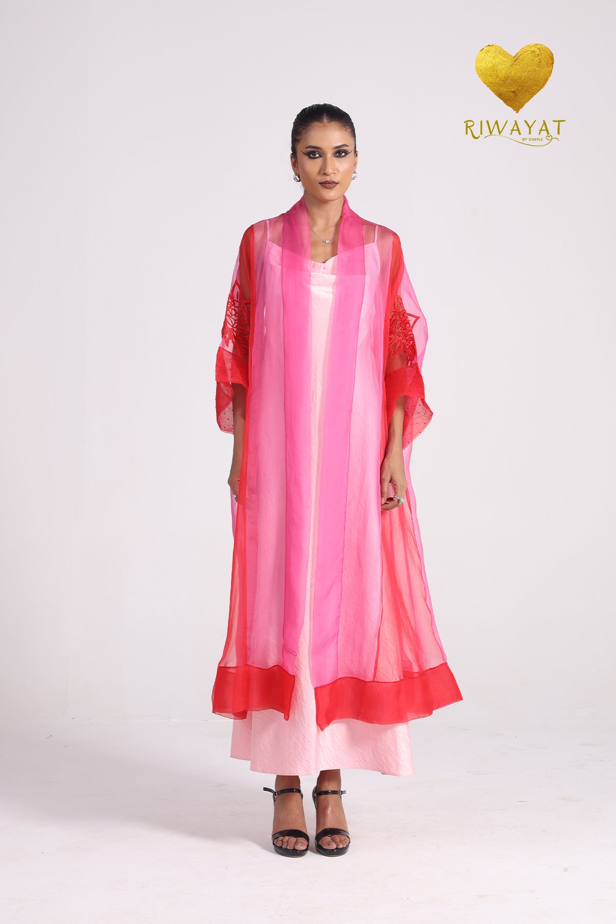 Yalla Habibi Blush Pink Dress with Pink & Red Sheer Jacket