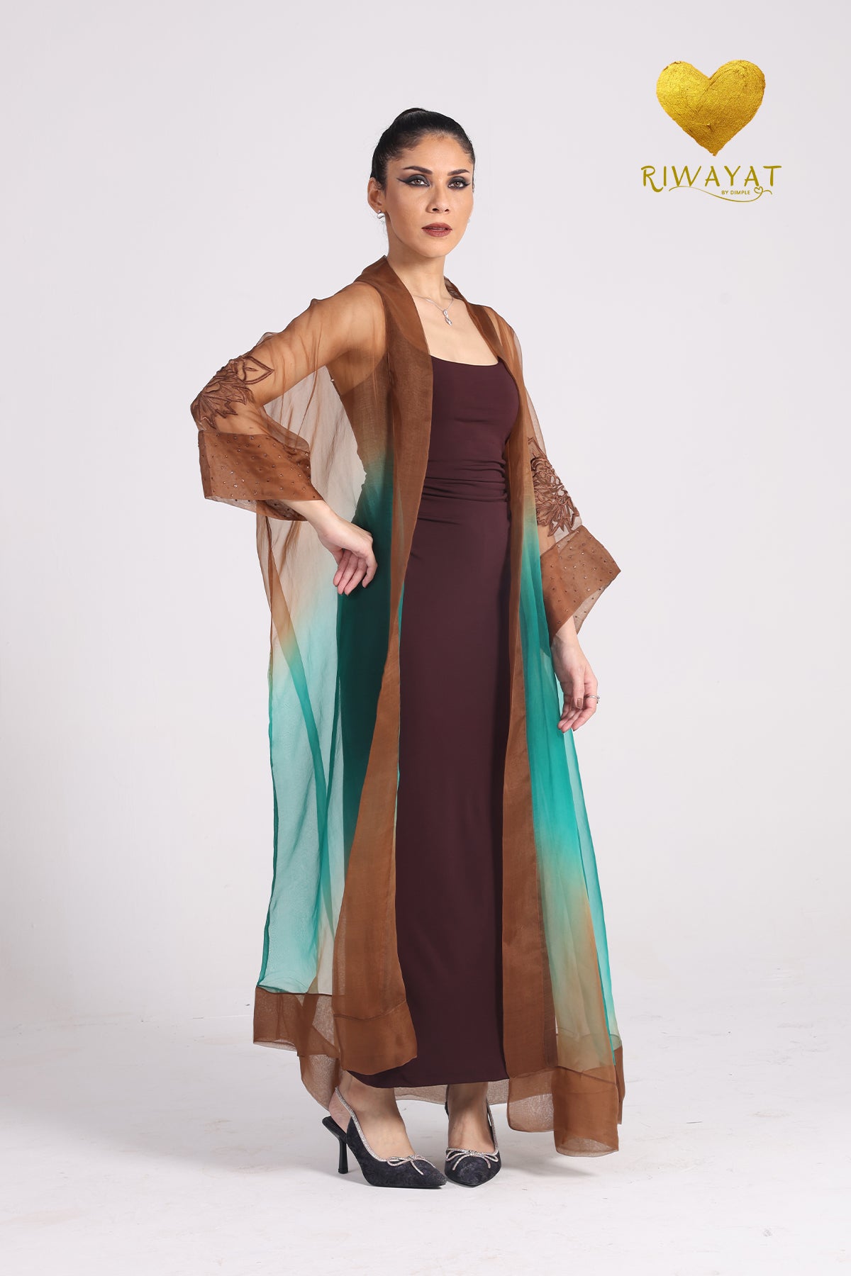 Yalla Habibi Burgundy Dress with Brown & Teal Ombré Jacket