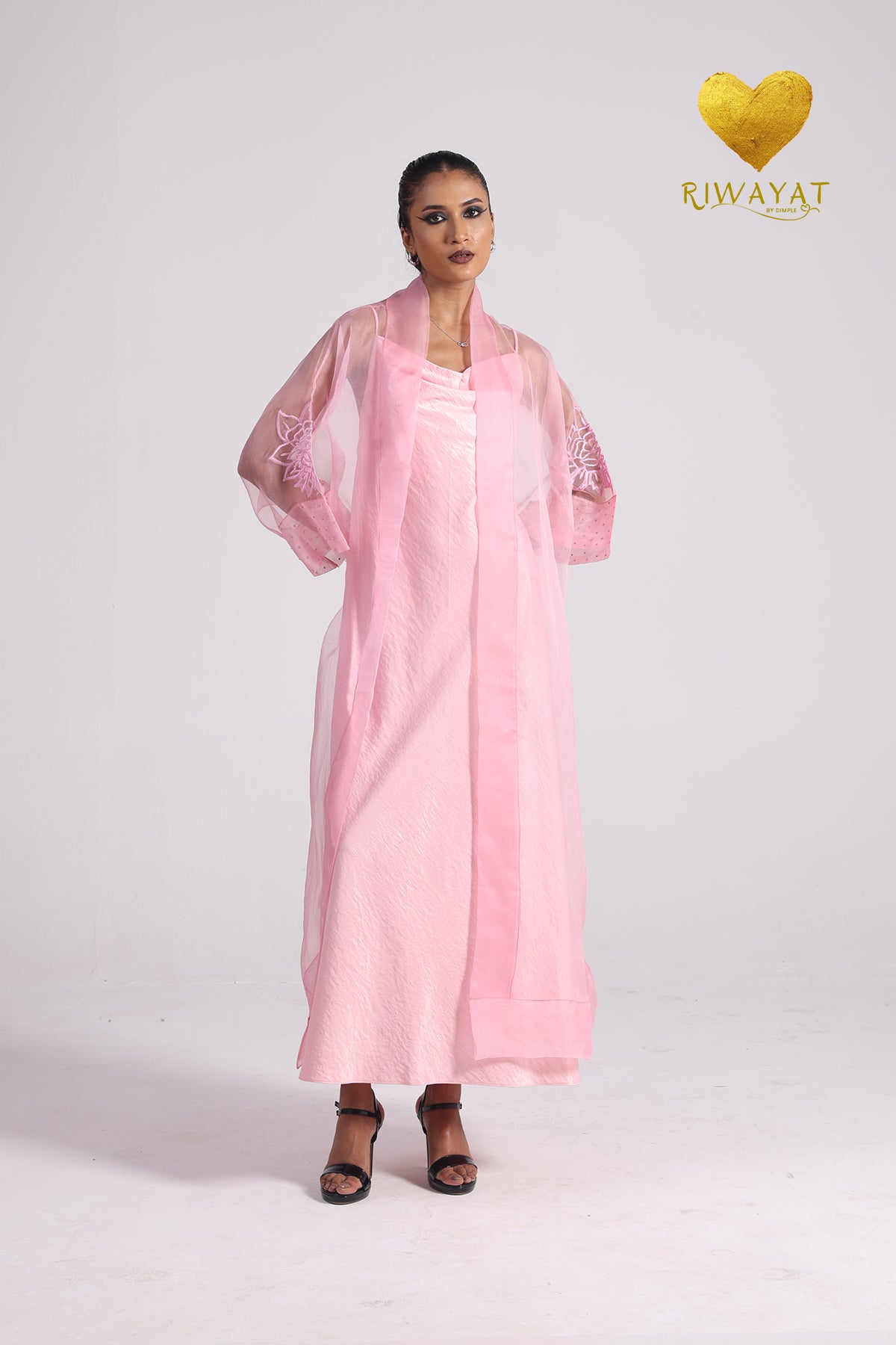 Yalla Habibi Blush Pink Dress with Floral Sheer Jacket