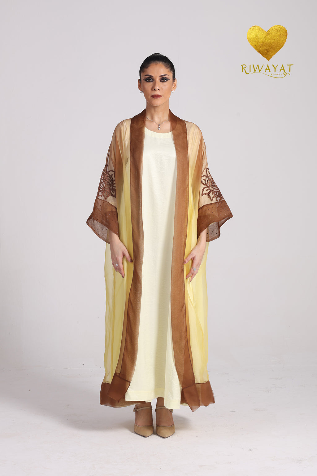 Yalla Habibi Pale Yellow Dress with Brown Floral Sheer Jacket