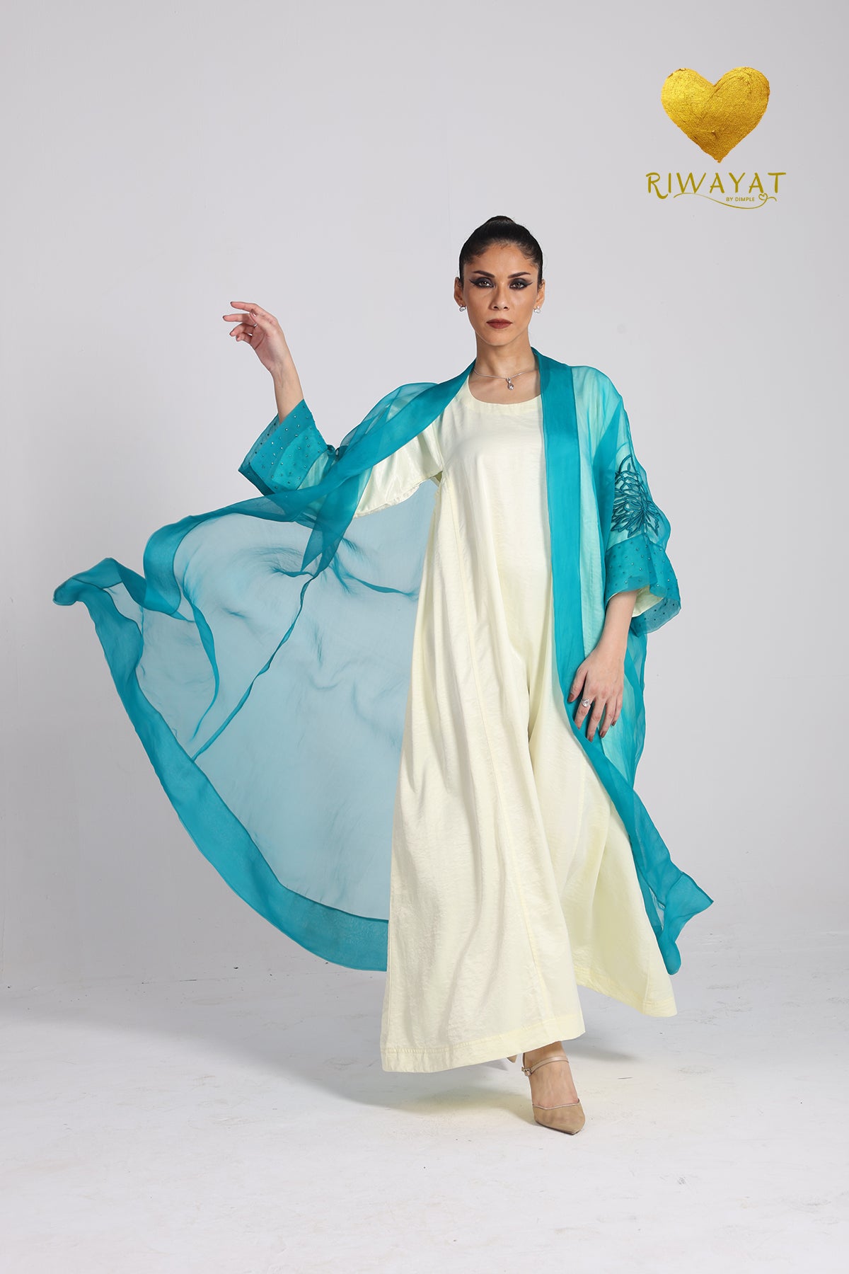 Yalla Habibi Ivory Dress with Teal Floral Sheer Jacket