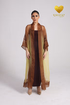 Yalla Habibi Burgundy Dress with Brown & Yellow Sheer Jacket