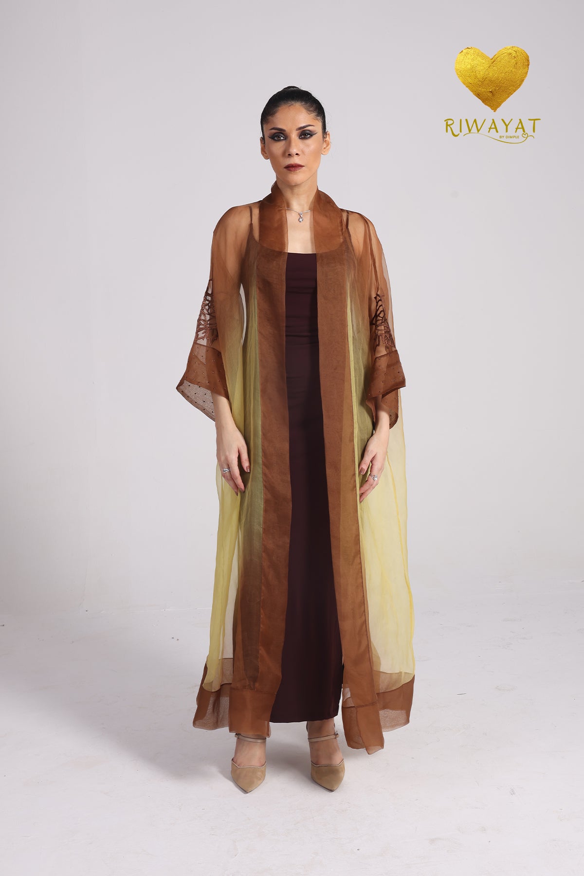 Yalla Habibi Burgundy Dress with Brown & Yellow Sheer Jacket