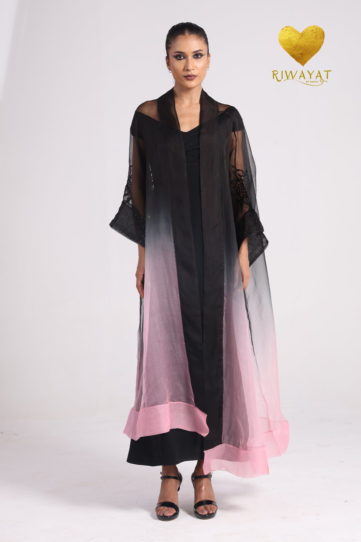 Yalla Habibi Black Dress with Pink Ombré Sheer Jacket