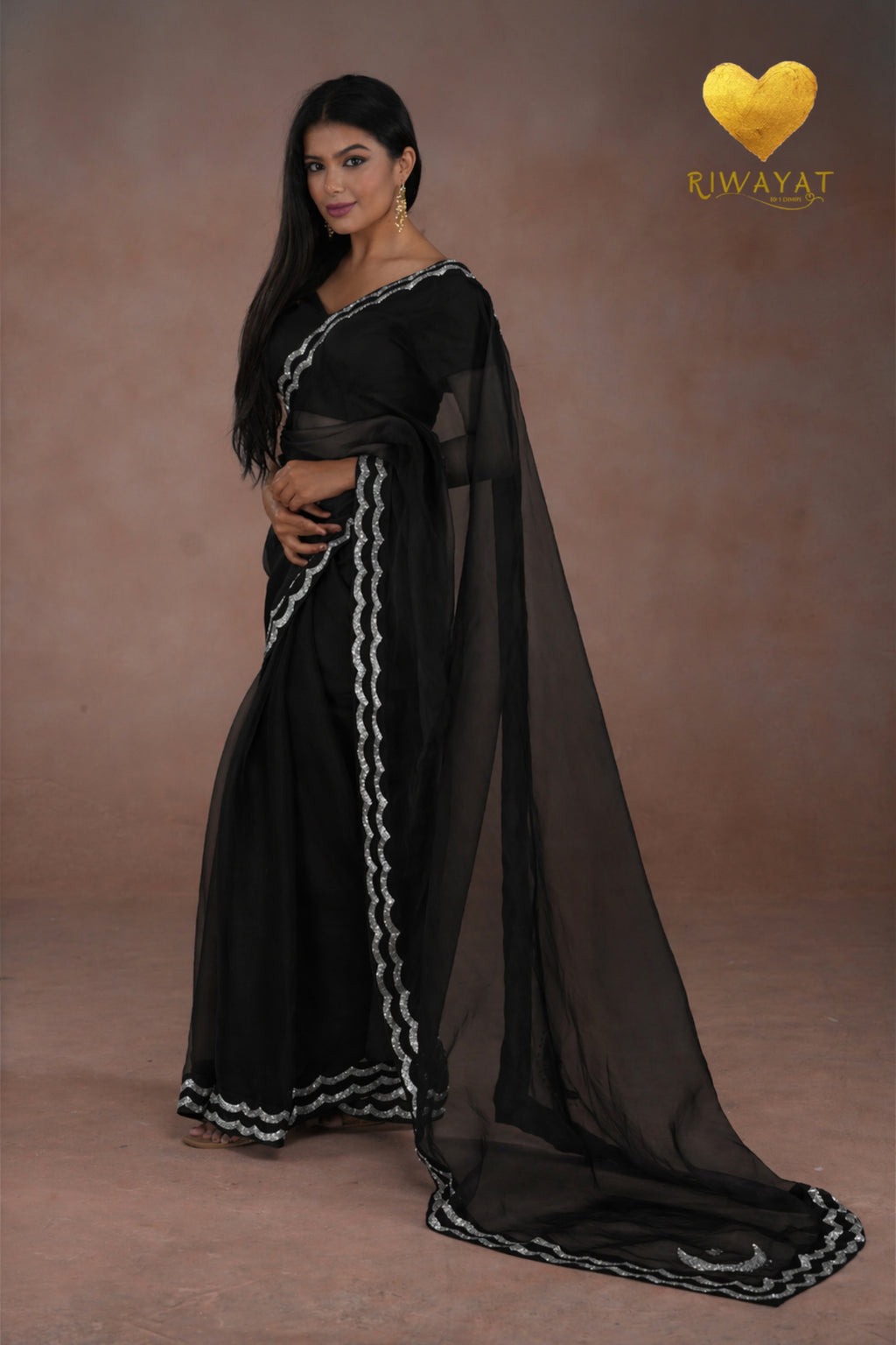 Jet Black Silver & Gold Edge Saree
