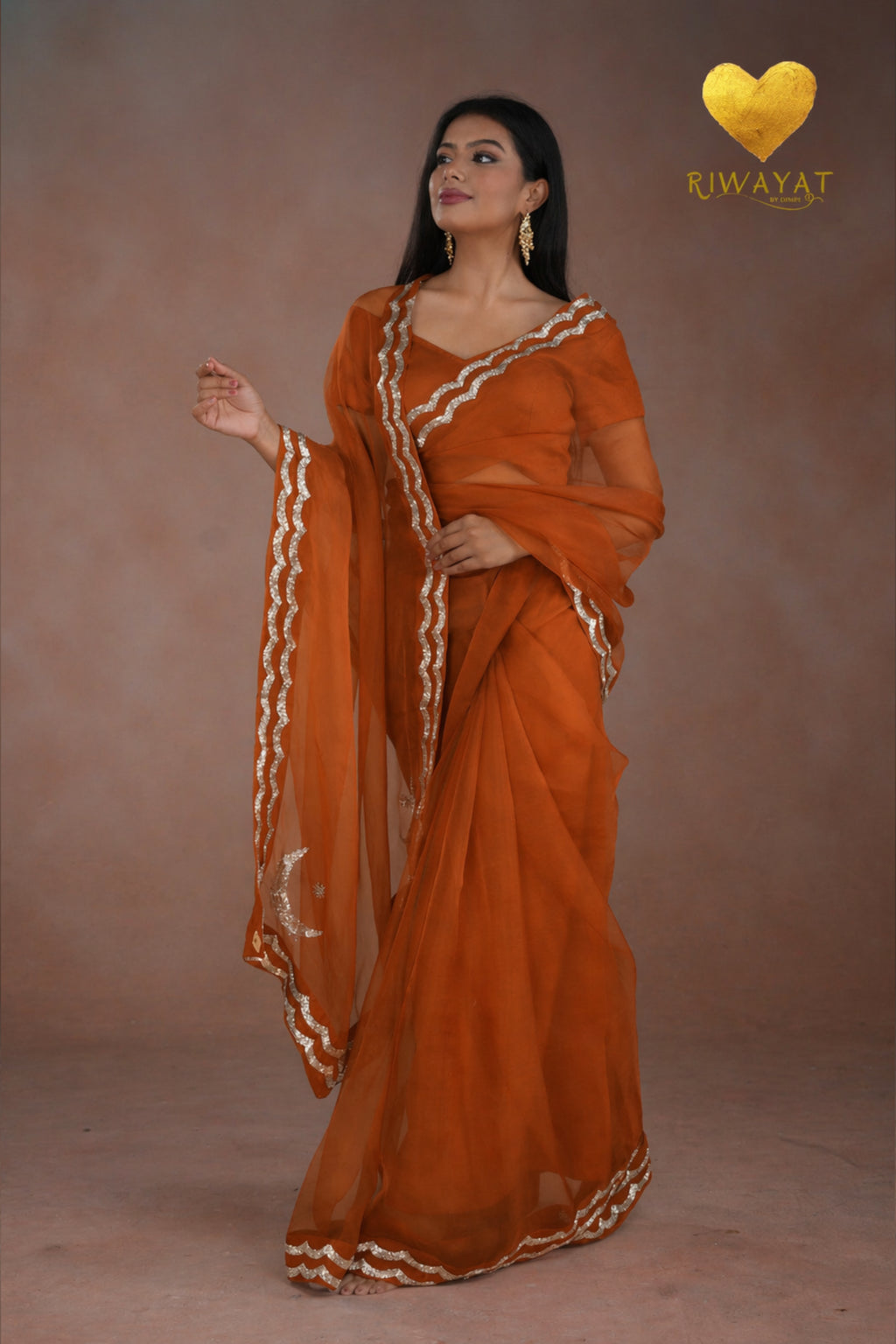 Rust Orange Silver & Gold Edge Saree