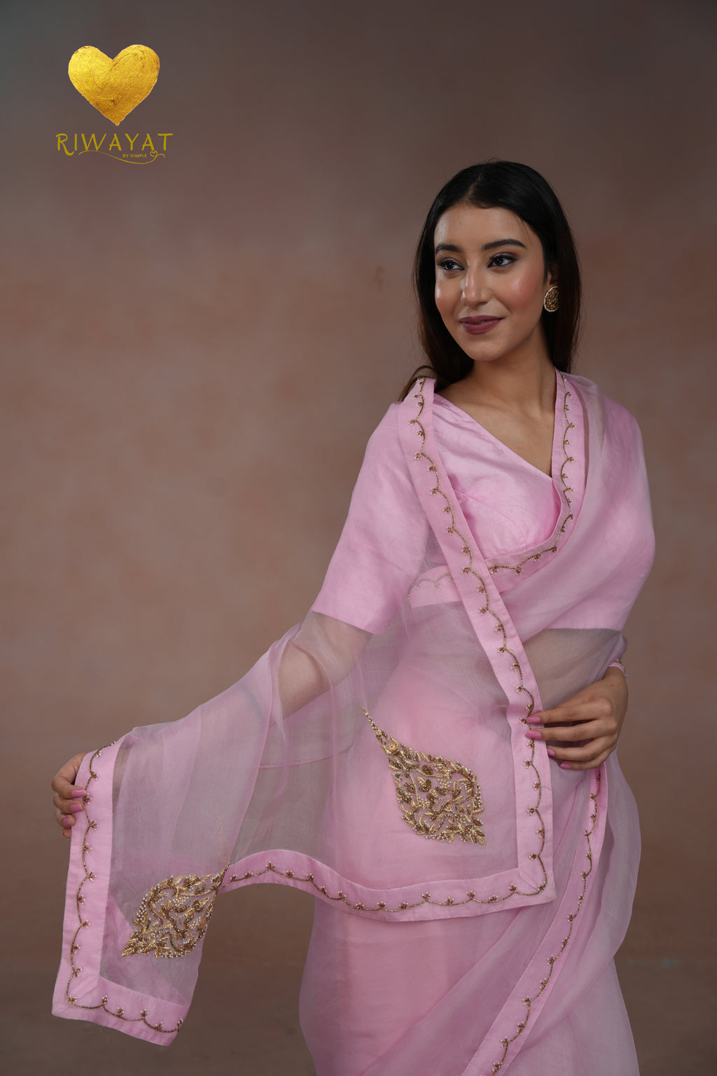 Baby Pink Kashmiri Leaf & Motif Embroidered Organza Saree