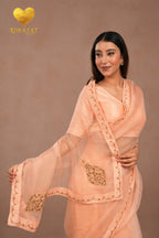Pastel Peach Kashmiri Leaf & Motif Embroidered Organza Saree
