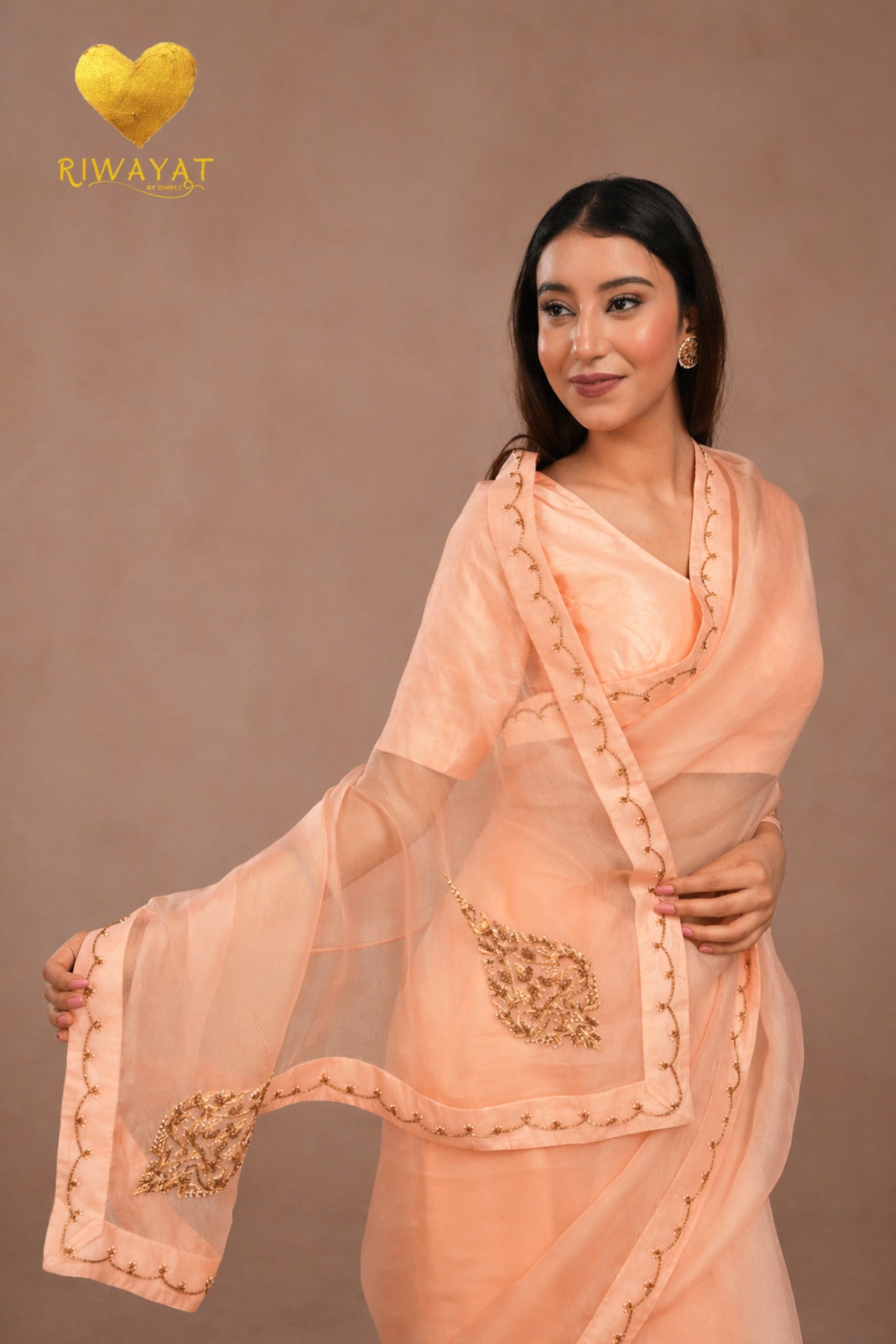 Pastel Peach Kashmiri Leaf & Motif Embroidered Organza Saree