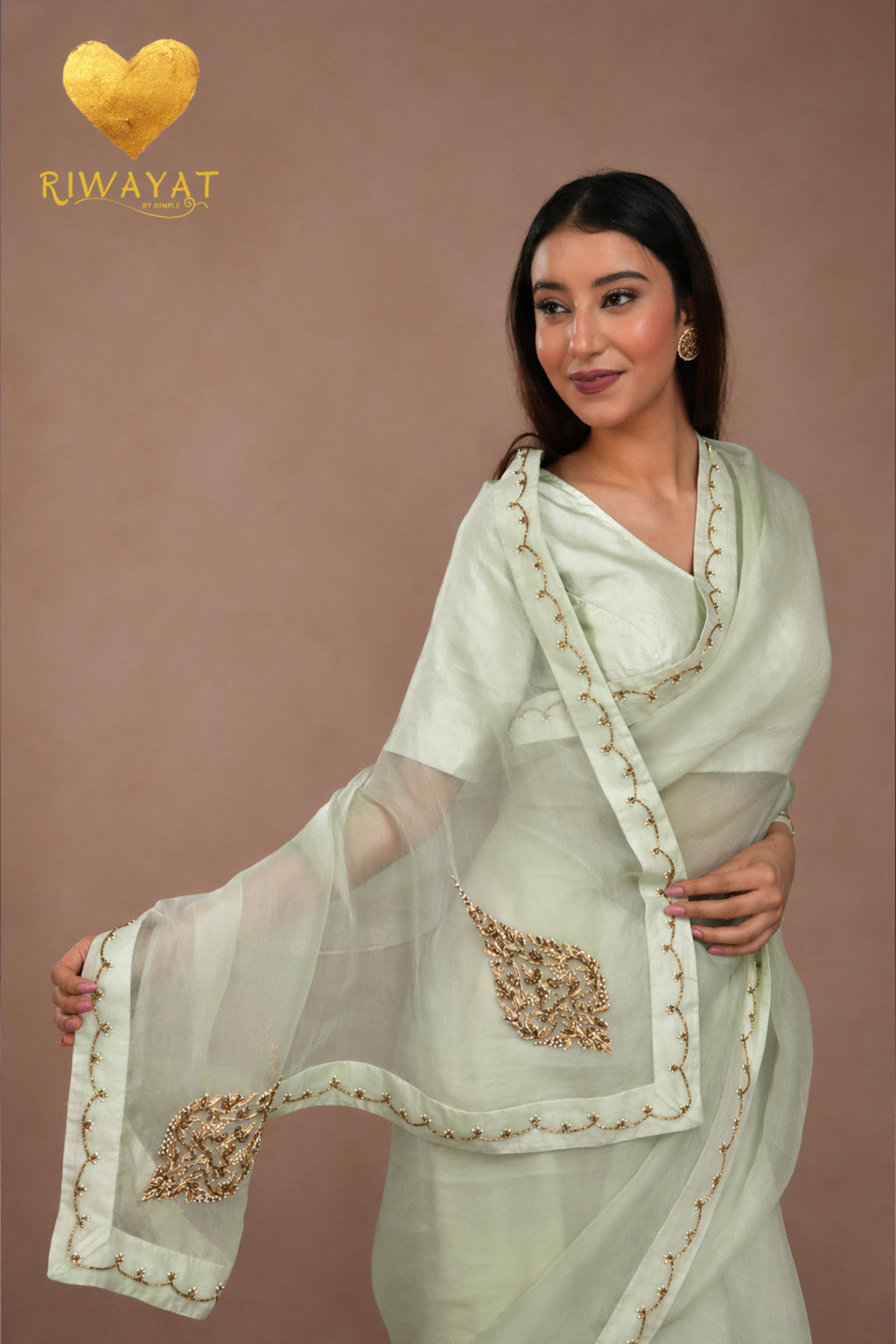 Pastel Green Kashmiri Leaf & Motif Embroidered Organza Saree