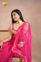 Rani Pink Zari Moti Embroidered Organza Saree