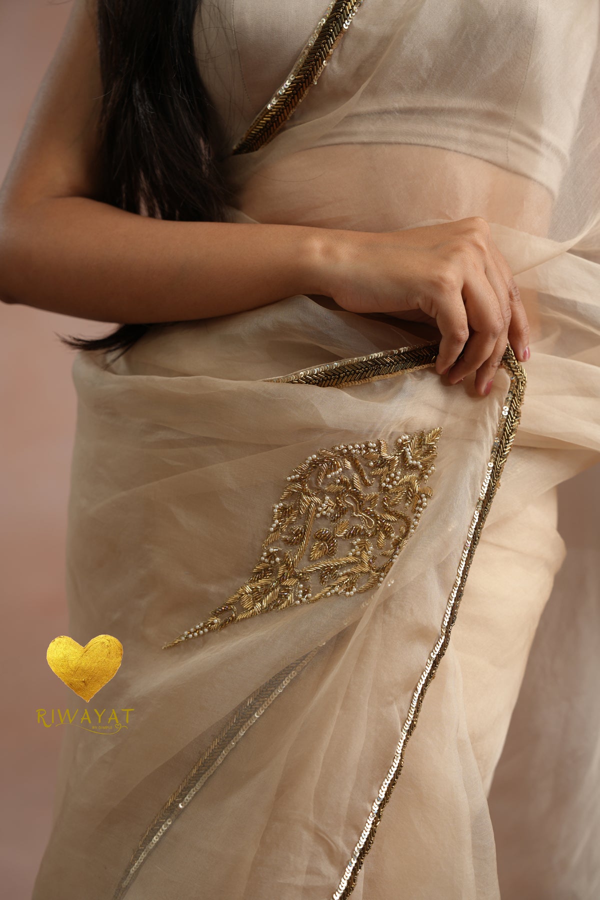 Ivory Organza Saree With Golden Brown Cutdana Kashmiri Leaf Hand Embroidery