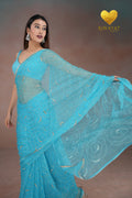 Turquoise Blue Organza Saree with Floral Swirl Embroidery