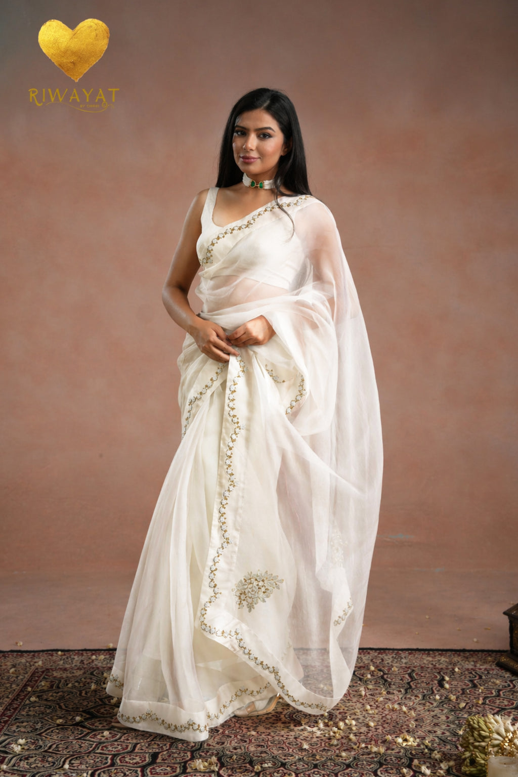 Pearl White Zari Moti Embroidered Organza Saree